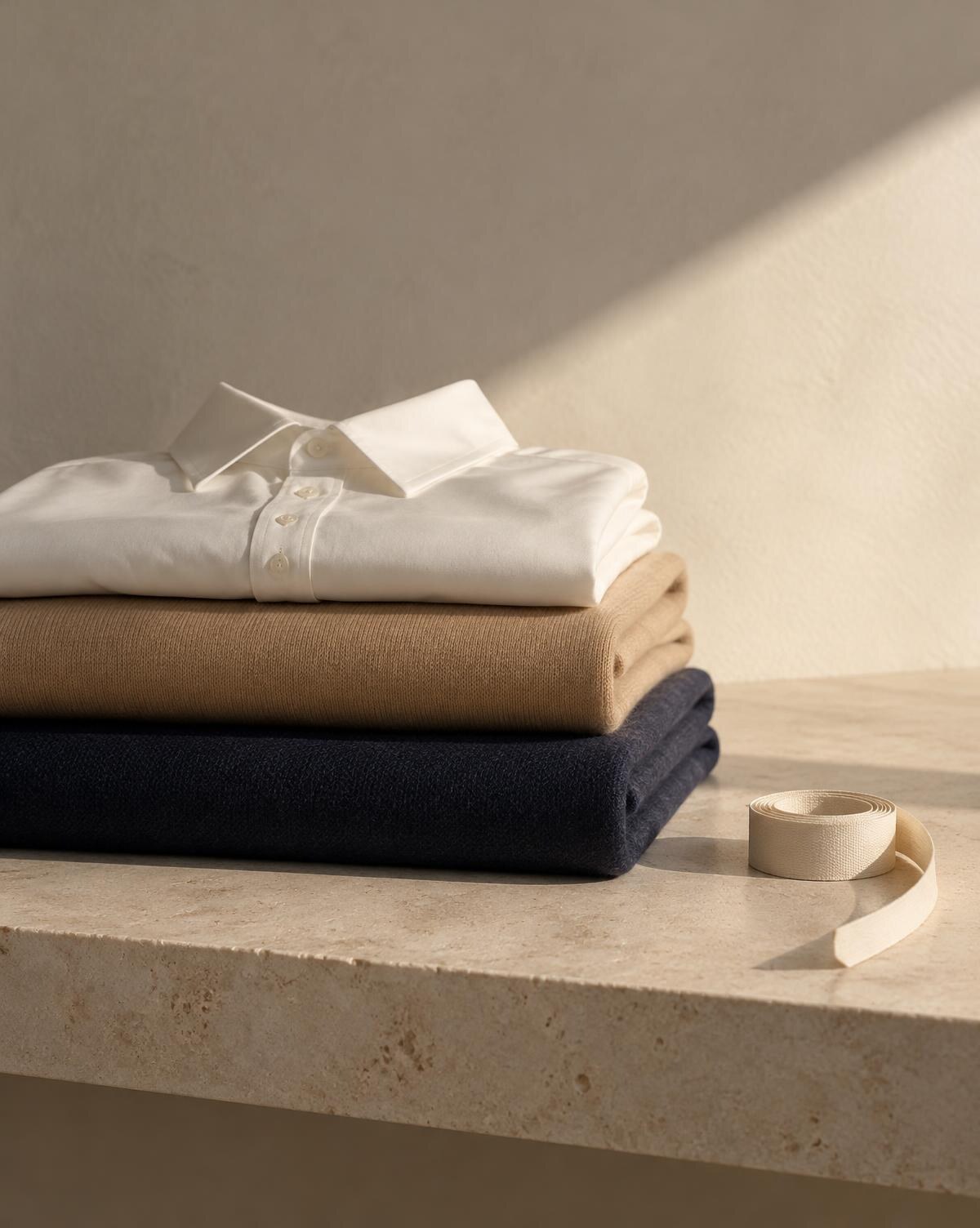 A white shirt, a camel knit and a navy knit folded on a pale stone shelf in warm daylight