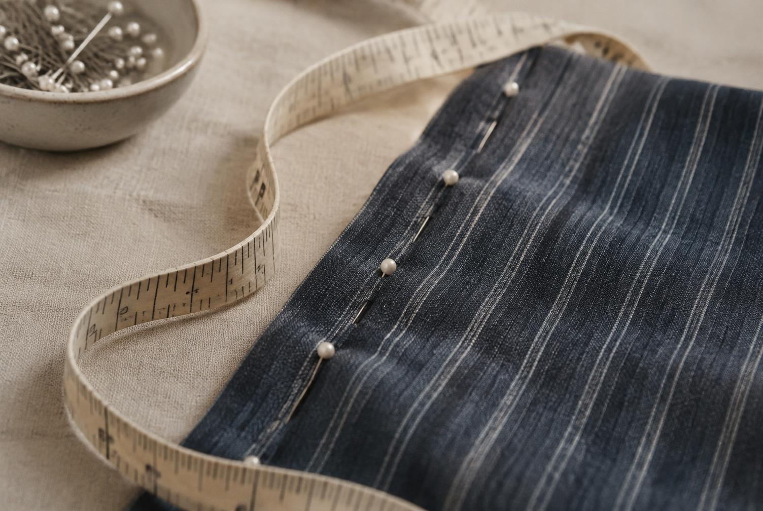 Pins along a seam of navy striped cotton with a cream tape measure